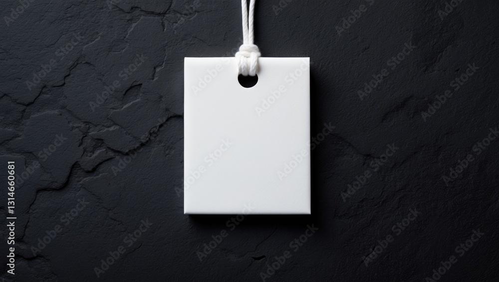 Poster rectangle white tag mockup featuring a white cord, close-up view. isolated blank paper rectangular p