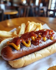 Appetizing hot dog topped with ketchup mustard and relish served with crispy fries on paper plate in restaurant