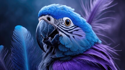 Obraz premium Blue macro feather, Blue and Purple feathers, Animal, Bird, Macro texture of parrot feathers.