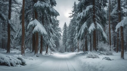 Obraz premium Picturesque winter forest. Enchanting snowy wonderland. Magical beautiful scenic view of pines and spruce trees blanketed in snow. Cold frosty nature. Delightful hibernal fairy tale panoramic lands...