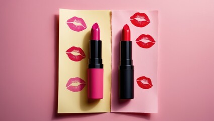 High-angle view of an assortment of luxury matte lipsticks displayed on two colored backgrounds featuring kiss imprints.