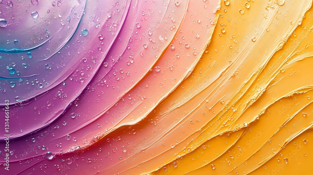 Poster colorful abstract macro background with water drops and curved lines in purple, pink and orange grad