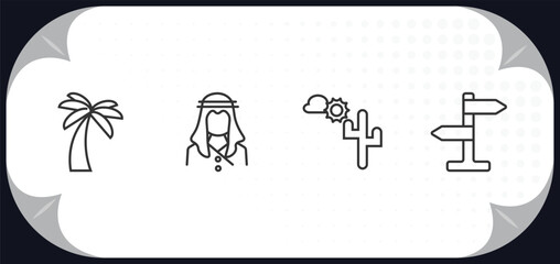 outline icons set - desert concept. palm, sheik, desert landscape, .