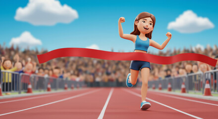 Obraz premium Cartoon depiction of a female runner crossing the finish line
