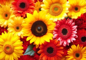 Obraz premium Vibrant Close-Up of Colorful Flower Bouquet with Sunflowers, Daisies, and Chrysanthemums on Fresh Green Stems, Blurred Wooden Background