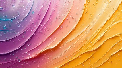 Obraz premium Colorful abstract macro background with water drops and curved lines in purple, pink and orange gradient, wet surface with ripples and waves creating dynamic pattern.