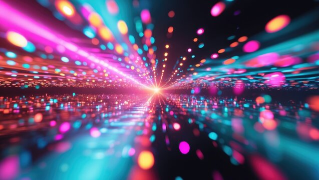 Neon light to blur. Overlay for lens flare. Fluorescent flash bokeh shine. Color specks out of focus on a black abstract background.