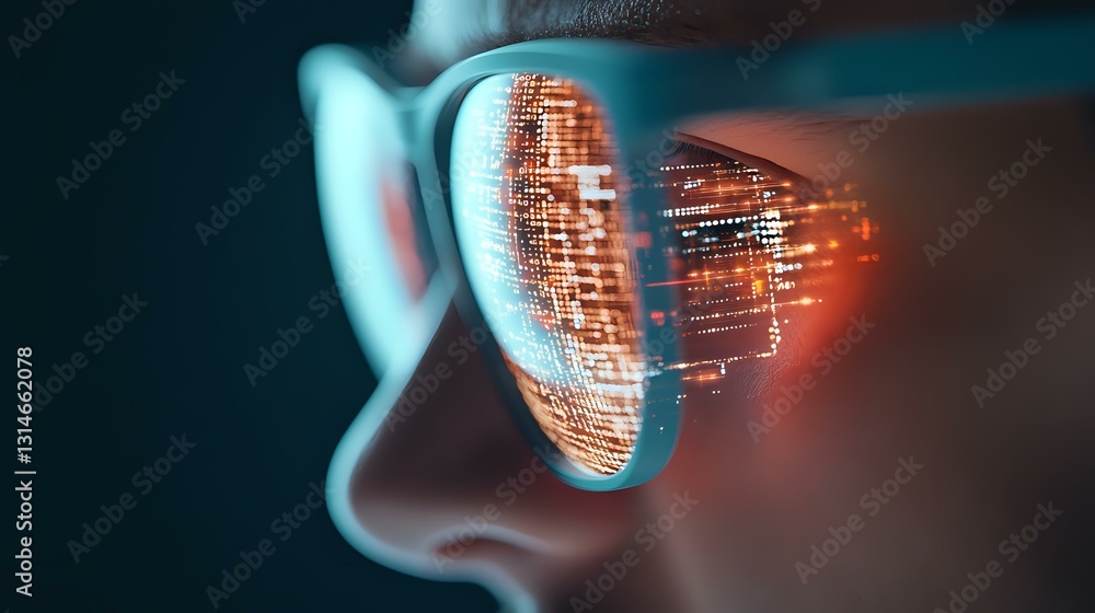 Poster futuristic sunglasses reflecting digital city lights and binary code patterns, creating modern cyber