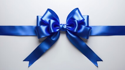 Satin ribbon in blue with bow on a white background, viewed from above.