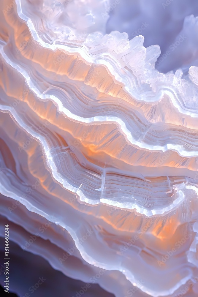 Poster luminous layers of agate crystal with orange and purple hues create abstract wavy patterns, showcasi