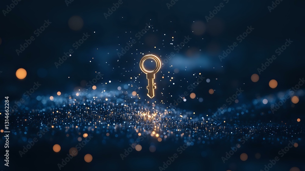 Poster glowing golden key floating in dark mystical space with sparkles and bokeh lights against blurred bl