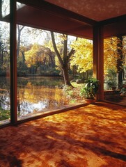 Obraz premium Autumnal Serenity Captivating Lake View Through Expansive Window Warm Interior Setting Golden Hues Nature Reflection Tranquil Scene Cozy Ambiance