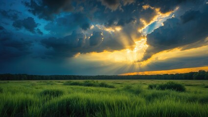Fototapeta premium Stunning sky above a field following a thunderstorm.