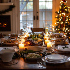 Fototapeta premium Christmas dinner table setting with candles and festive decorations, featuring a variety of delicious dishes, healthy salads, and festive food perfect for a holiday celebration