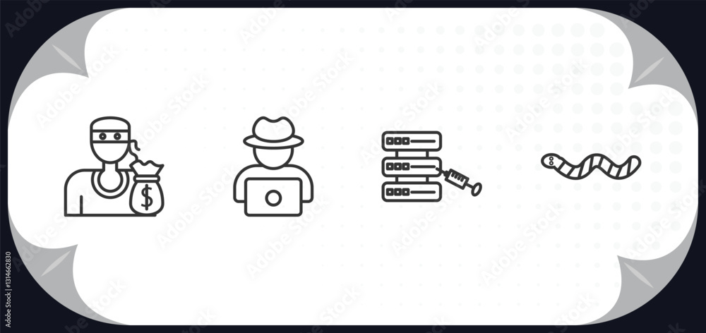 Poster outline icons set - cyber concept. theft, hack, code injection, worm.