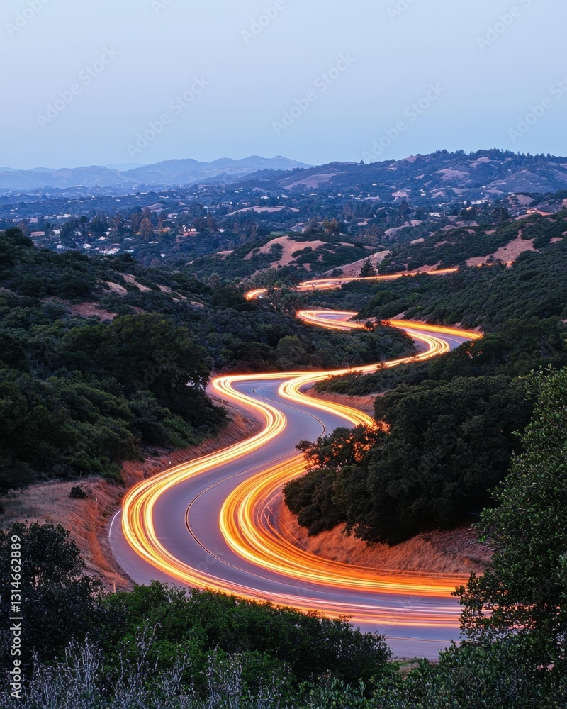 Poster winding road at twilight with light trails through rolling hills and lush greenery capturing movemen