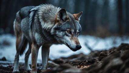 Fototapeta premium Gray wolf searching for food, closeup portrait.
