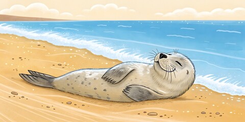 Obraz premium Happy Sealed Lying on Sandy Beach with Gentle Waves in Background