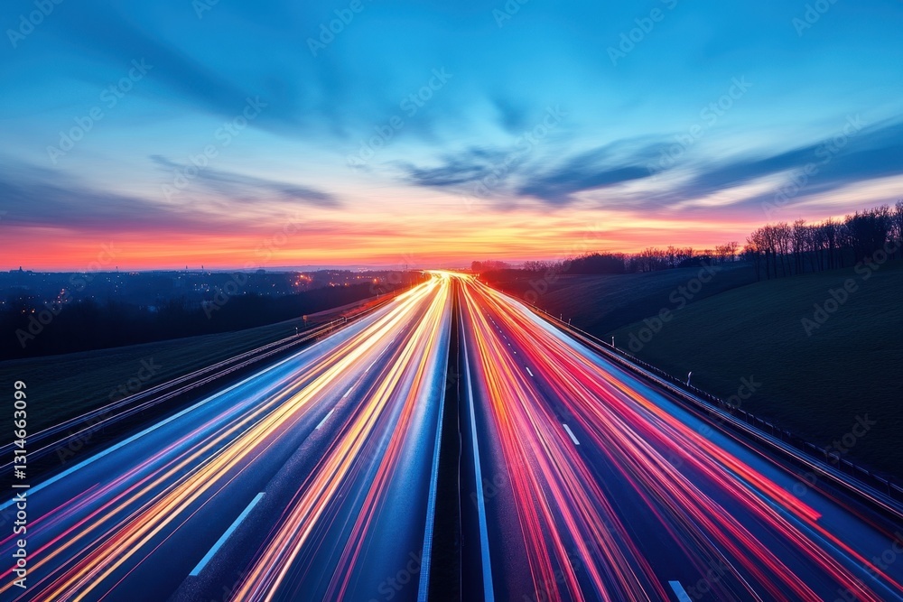 Poster highway at twilight with blurred car lights and colorful sky creating a dynamic and modern transport