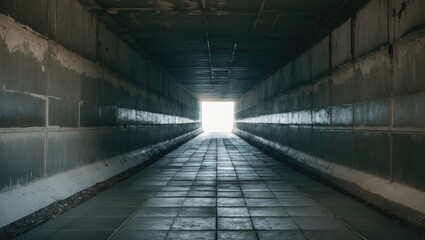 Obraz premium A square concrete drainage tunnel featuring a light at the end that shines from the tunnel's turn. An empty square concrete tunnel. A dry, abandoned bunker. A light at the tunnel's end.