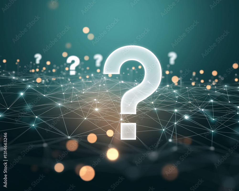 Poster glowing large question mark on teal network, symbolizing inquiry, problem-solving, data, connection,