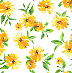 Seamless watercolor tropical flowers pattern, floral print.	