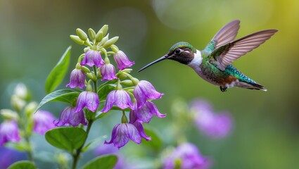 Naklejka premium Hummingbird in Flight Among Flowers