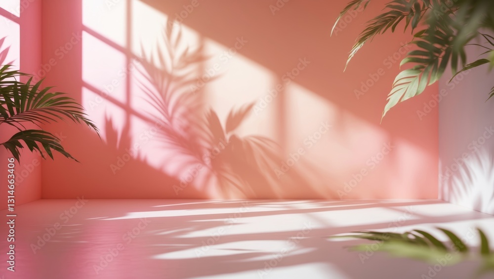 Poster abstract pink color gradient studio backdrop for product display. vacant space with shadows of windo