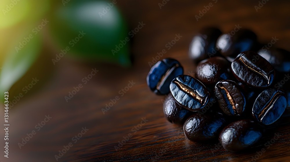 Poster Freshly roasted dark coffee beans scattered on wooden surface with soft natural lighting and shallow depth of field creating moody atmosphere.
