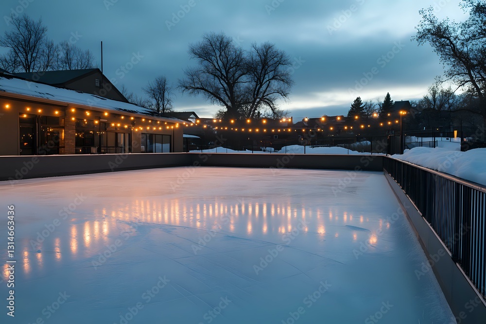 Poster outdoor ice skating rink at dusk with string lights creating magical winter atmosphere, snow-covered