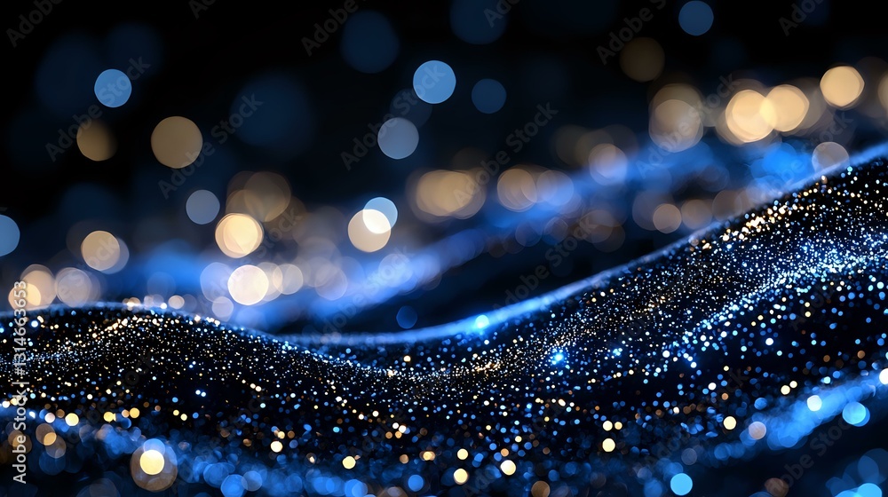Poster glowing blue wave of sparkling particles with blurred bokeh lights creating magical abstract backgro