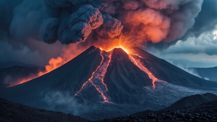 Eruption of a volcano in a natural landscape.
