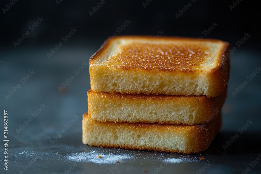 Poster golden toasted bread slices stacked on a dark surface with sugar sprinkles in a minimalist style foo