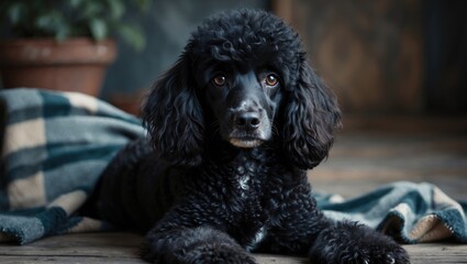 beautiful face black poodle with legs under a blanket