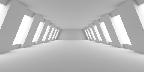 Futuristic minimalist white corridor with geometric windows. 3d render