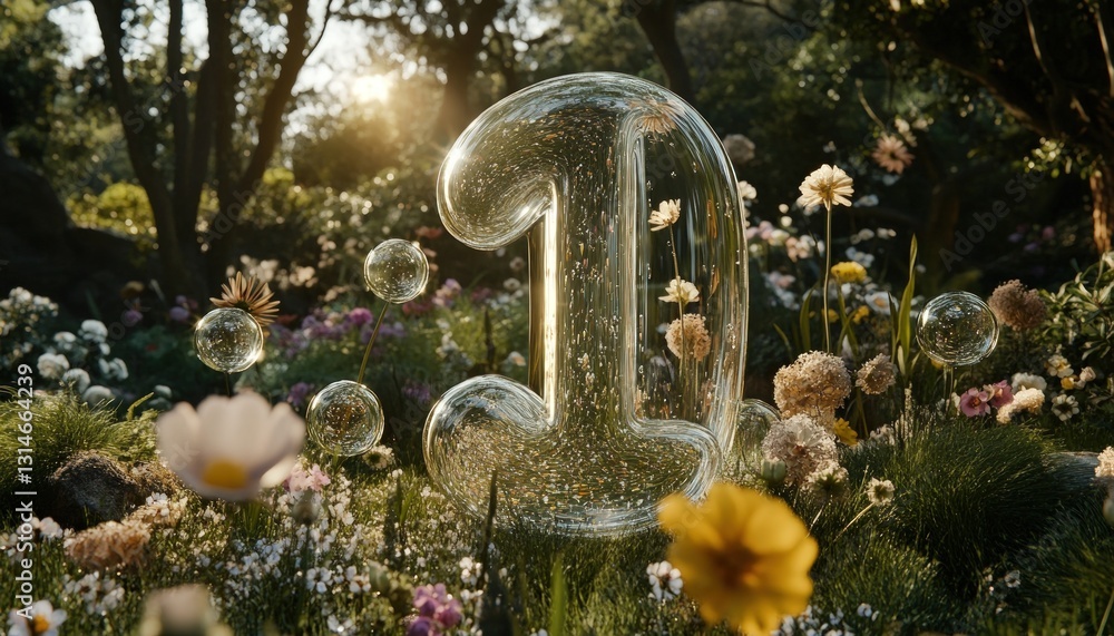 Poster illuminated number one in garden setting with lush greenery golden sunlight and floating spheres