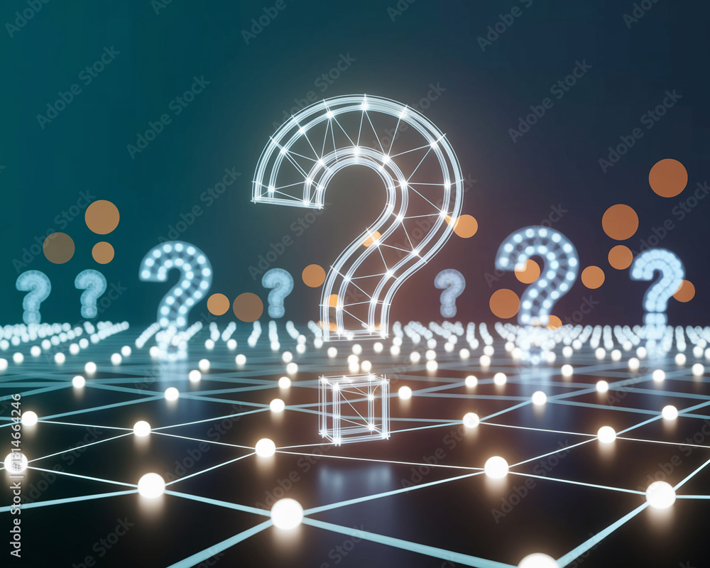 Aufkleber Glowing large question marks form a network on a dark background, symbolizing questions, answers, and interconnectedness in a digital space