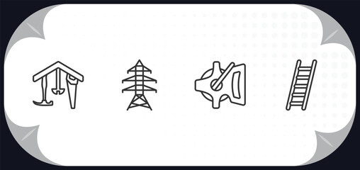 outline icons set - construction tools concept. home repair, electric tower, open scale, ladder.