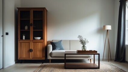 Isolated on a white background, a corner of a living room table alongside a cupboard. Inspiration for interior design. Contemporary furniture inspiration for domestic life. Wooden wardrobe as an ex...
