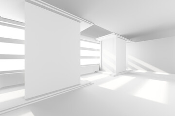 Futuristic minimalist white interior with geometric structures for modern design. 3d render