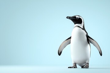 Fototapeta premium Magellanic penguin standing upright against light blue background, black and white flippers extended. Isolated wildlife portrait for nature and conservation projects.