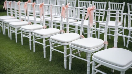 Fototapeta premium Chairs that are white are arranged in a row on the green lawn.