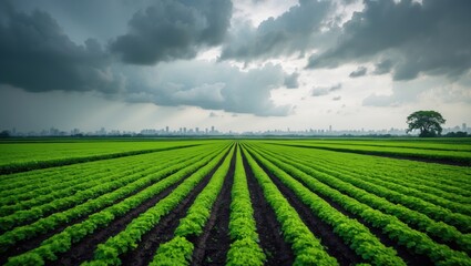 Image depicting rain-laden clouds approaching a vast plantation.