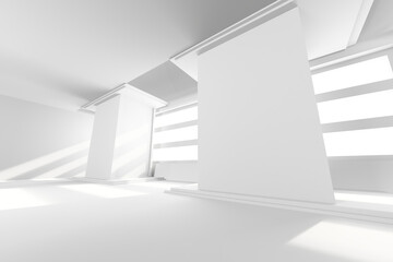 Obraz premium Modern minimalist architectural space with sunlight streaming through windows. 3d render