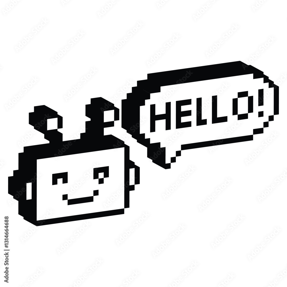 Poster isometric chatbot icon with chat bubble hello 8 bit, pixel art bot icon for game logo.