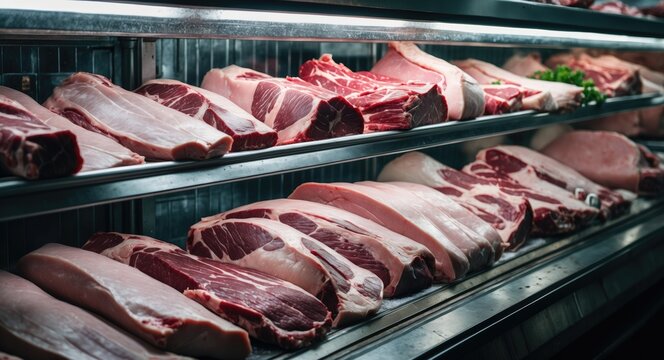 Variety of fresh raw veal meat in the refrigerated display of a butcher shop