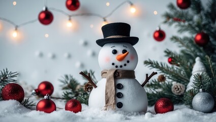 Fototapeta premium Toy snowman set against a white background, featuring holiday decorations and a depiction of a festive season.