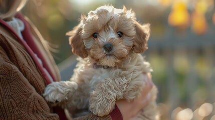 Adorable brown and white Maltipoo puppy with fluffy fur sitting in owner's arms during golden hour sunset, creating warm bokeh background effect.