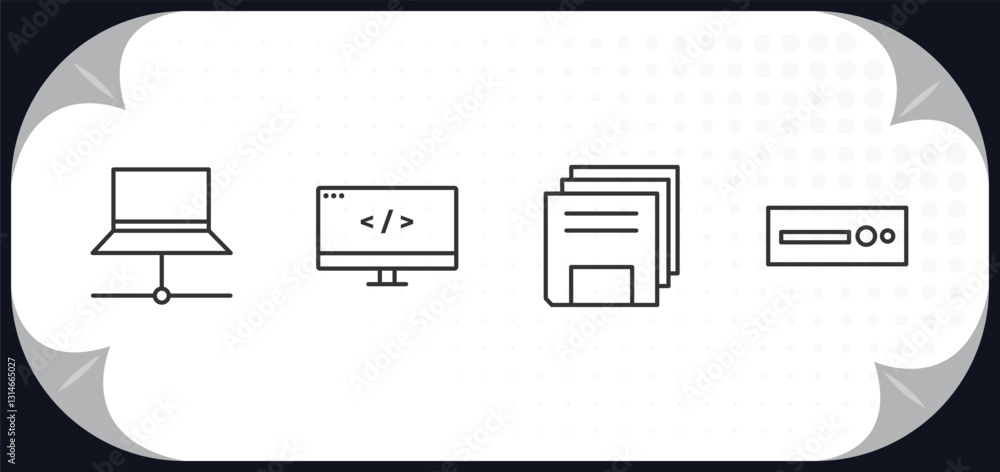 Poster outline icons set - computer concept. laptop computer screen, computing code, save file, dvd drive.