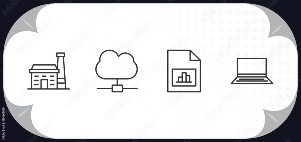 Poster outline icons set - computer concept. industrial, cloud network, data analyser, widescreen laptop.